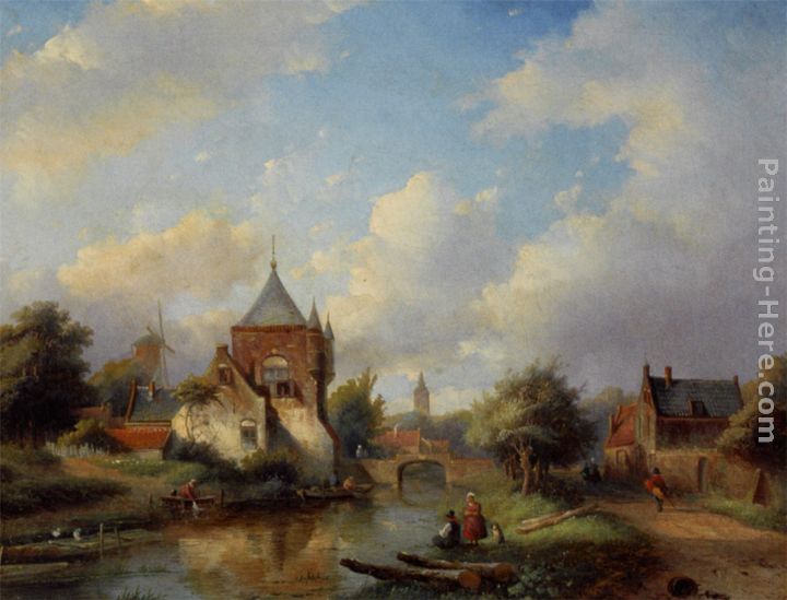 A Summer Landscape with Figures Along the Riverside painting - Jan Jacob Coenraad Spohler A Summer Landscape with Figures Along the Riverside art painting